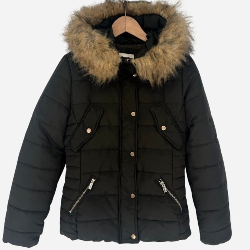 HM Womens Black Quilted Puffer Jacket Faux Fur Hood Cinched Waist Size 2